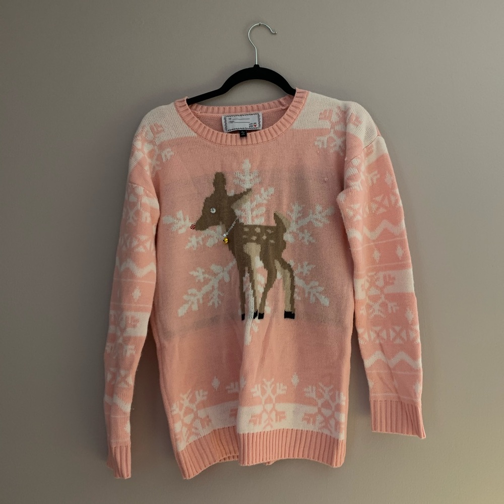 DEREK HEART Ugly Christmas Sweater Pink Rudolph